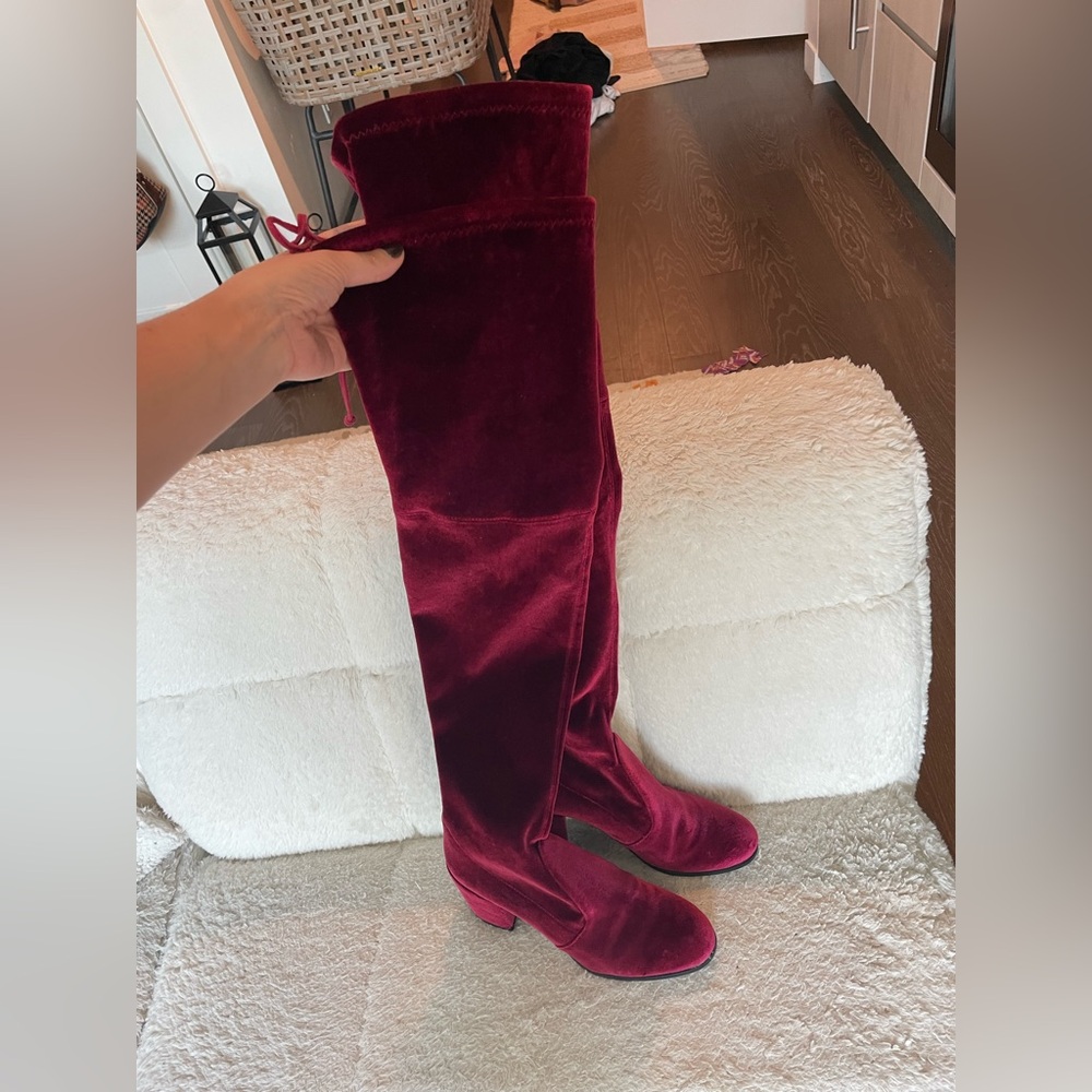 Stuart Weitzman Tieland Red Over the Knee Boots, Velvet Block Heel, Size 7.5